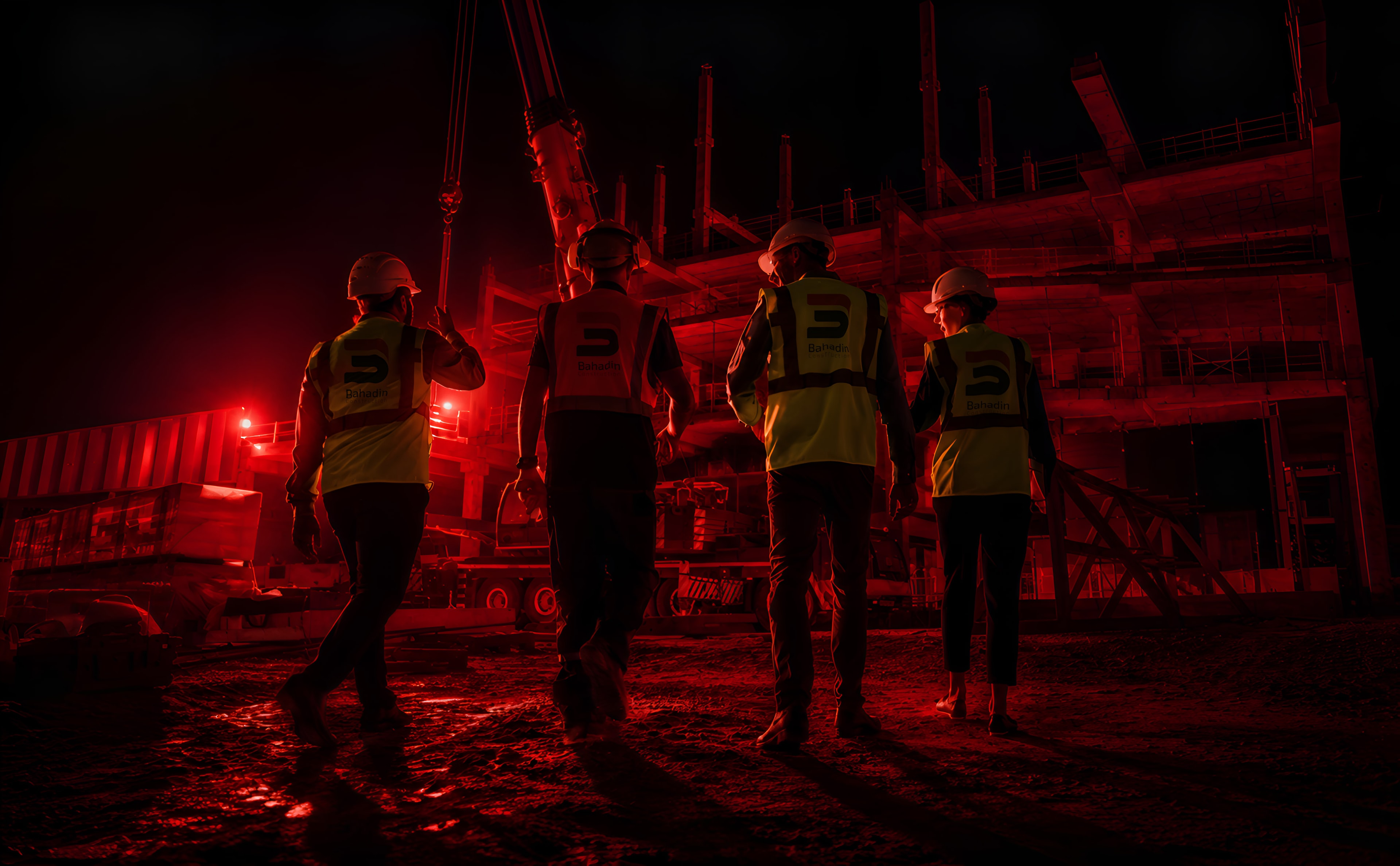 Four construction workers in hard hats and hi-vis vests walking a building site at night