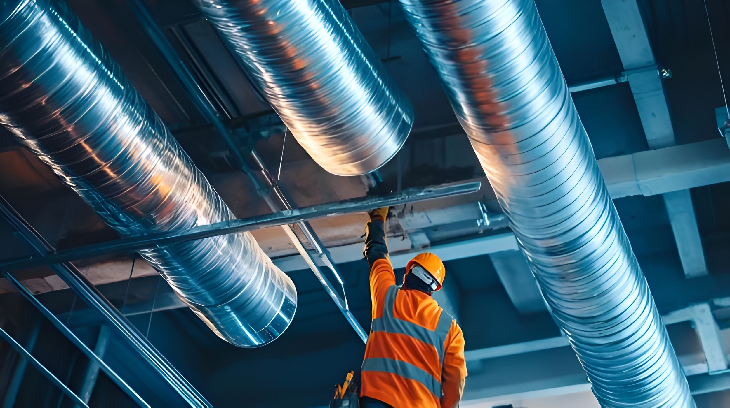 A worker in a hard hat and hi-vis vest installing large silver ventilation ducts