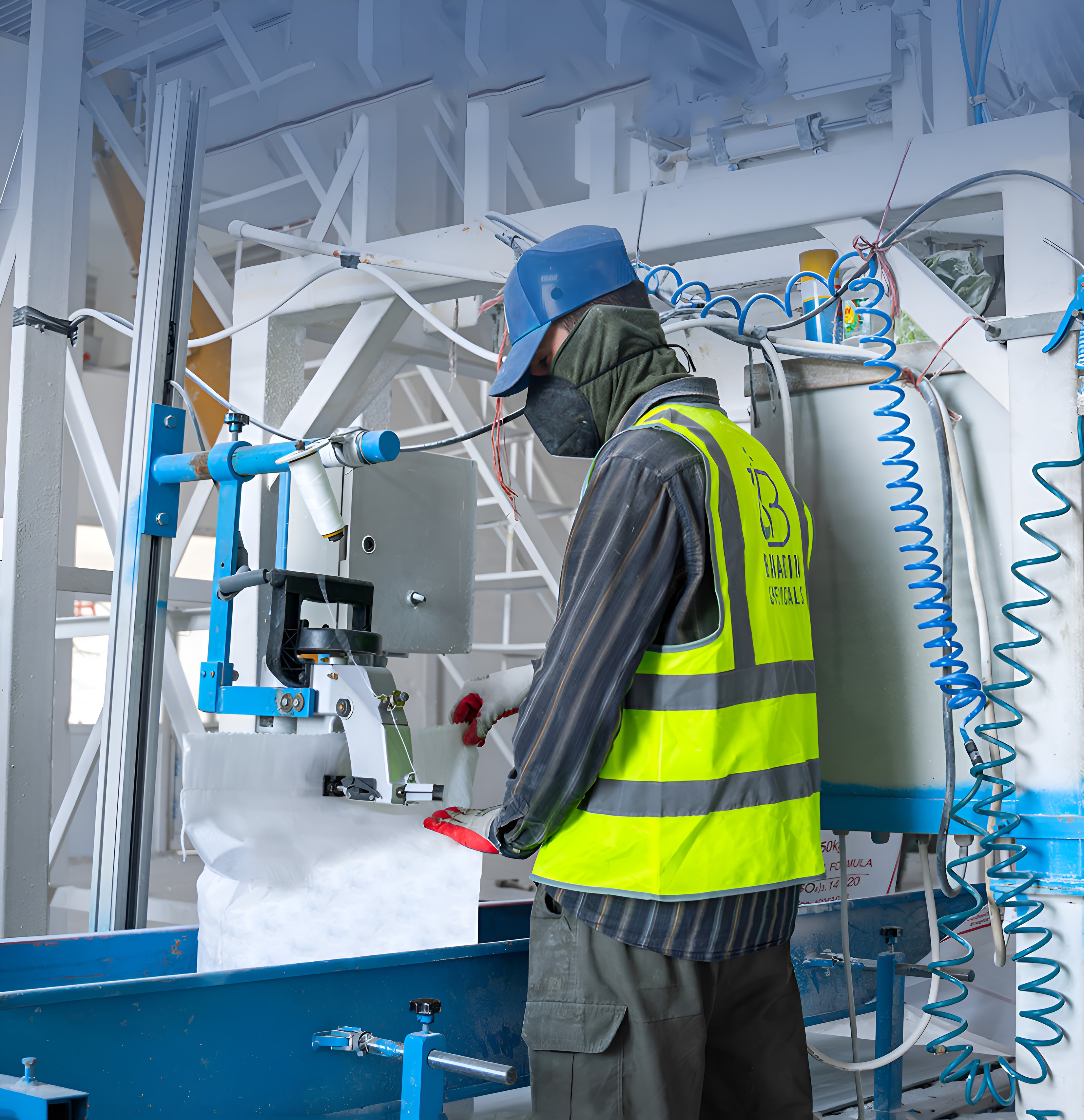 A worker in a hi-vis vest filling a bulk bag at the bagging line