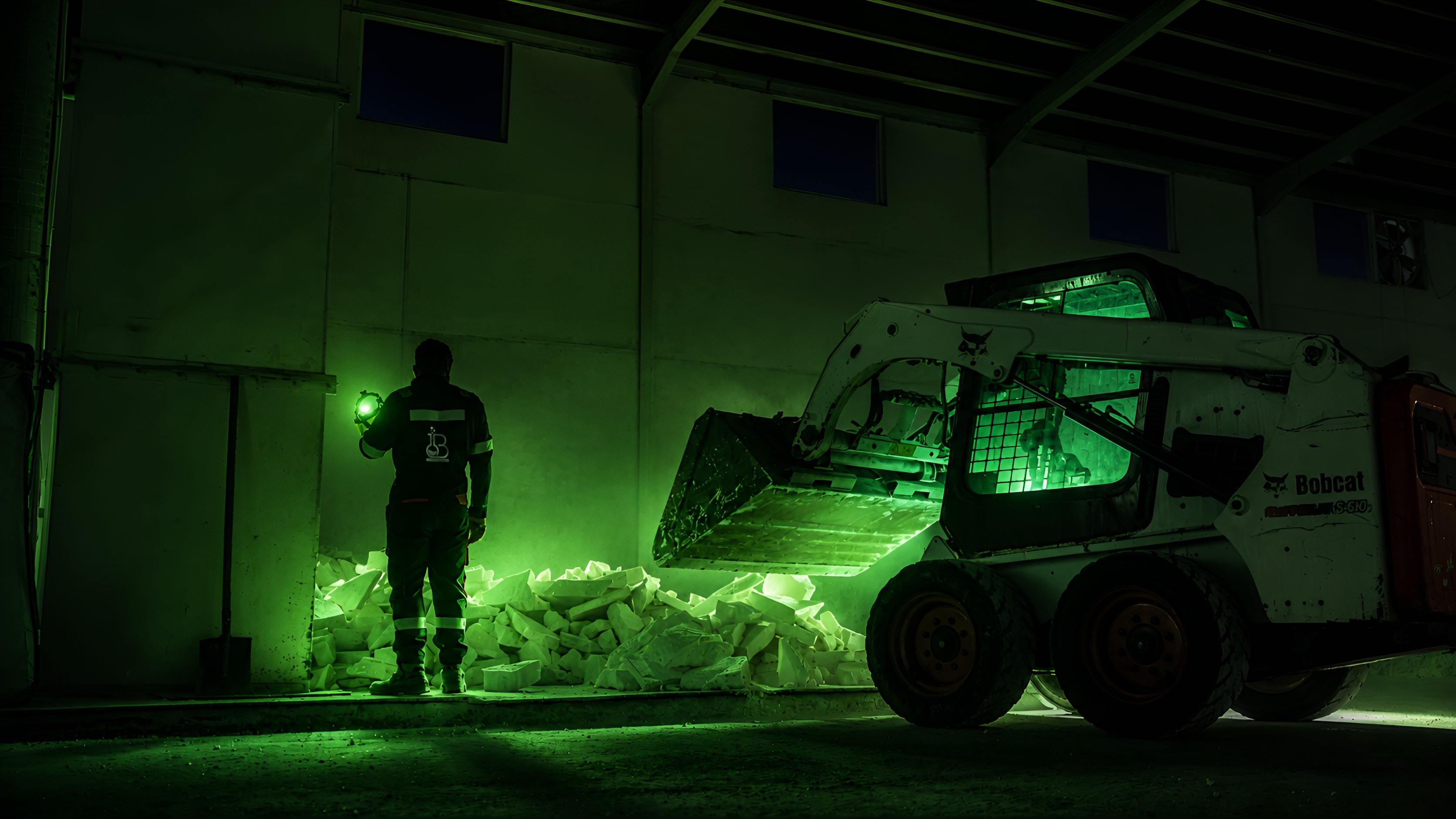 A worker with a torch beside a skid loader and a heap of aluminium sulfate, lit green
