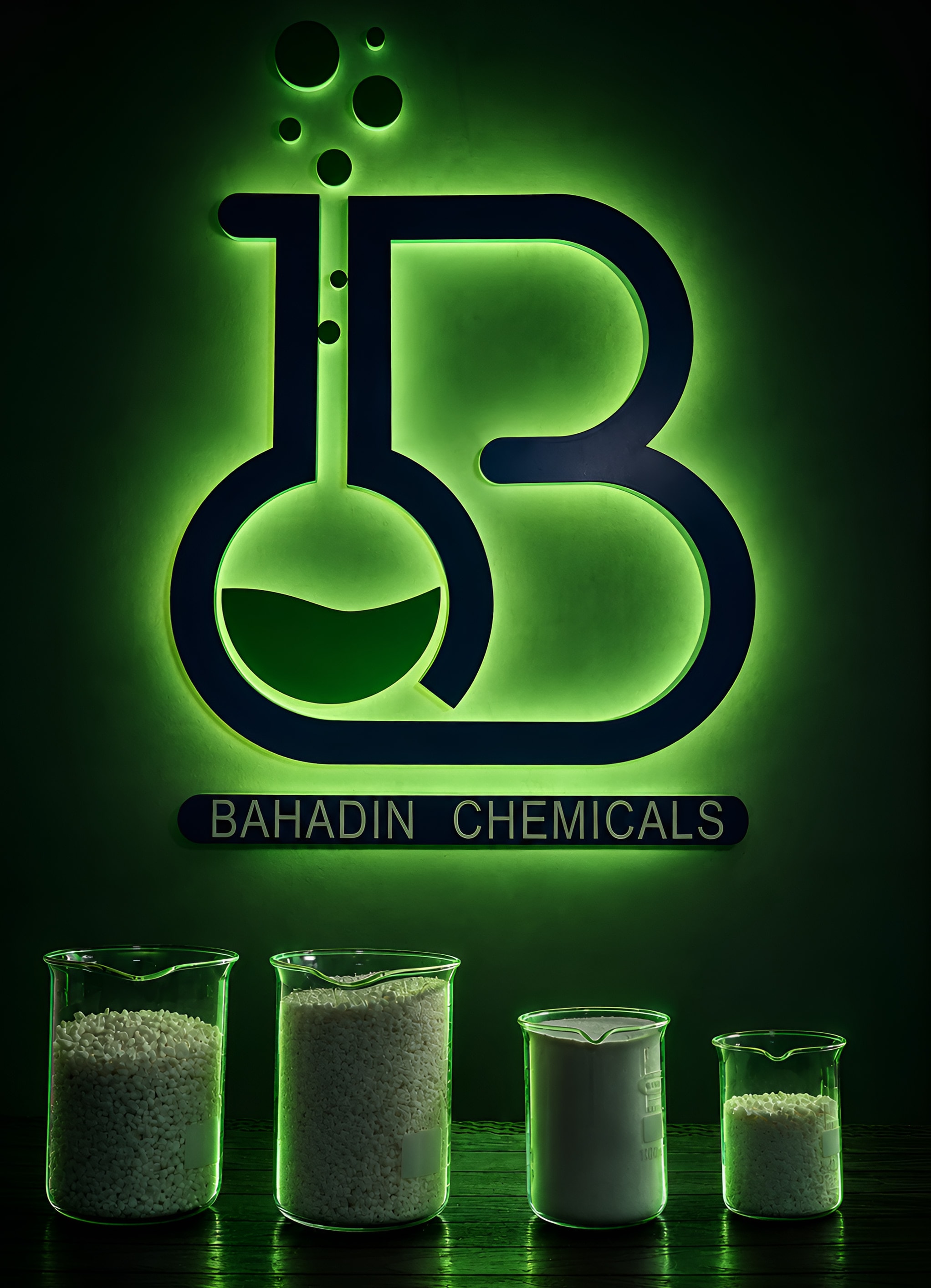 The Bahadin Chemicals logo lit green above four beakers of product