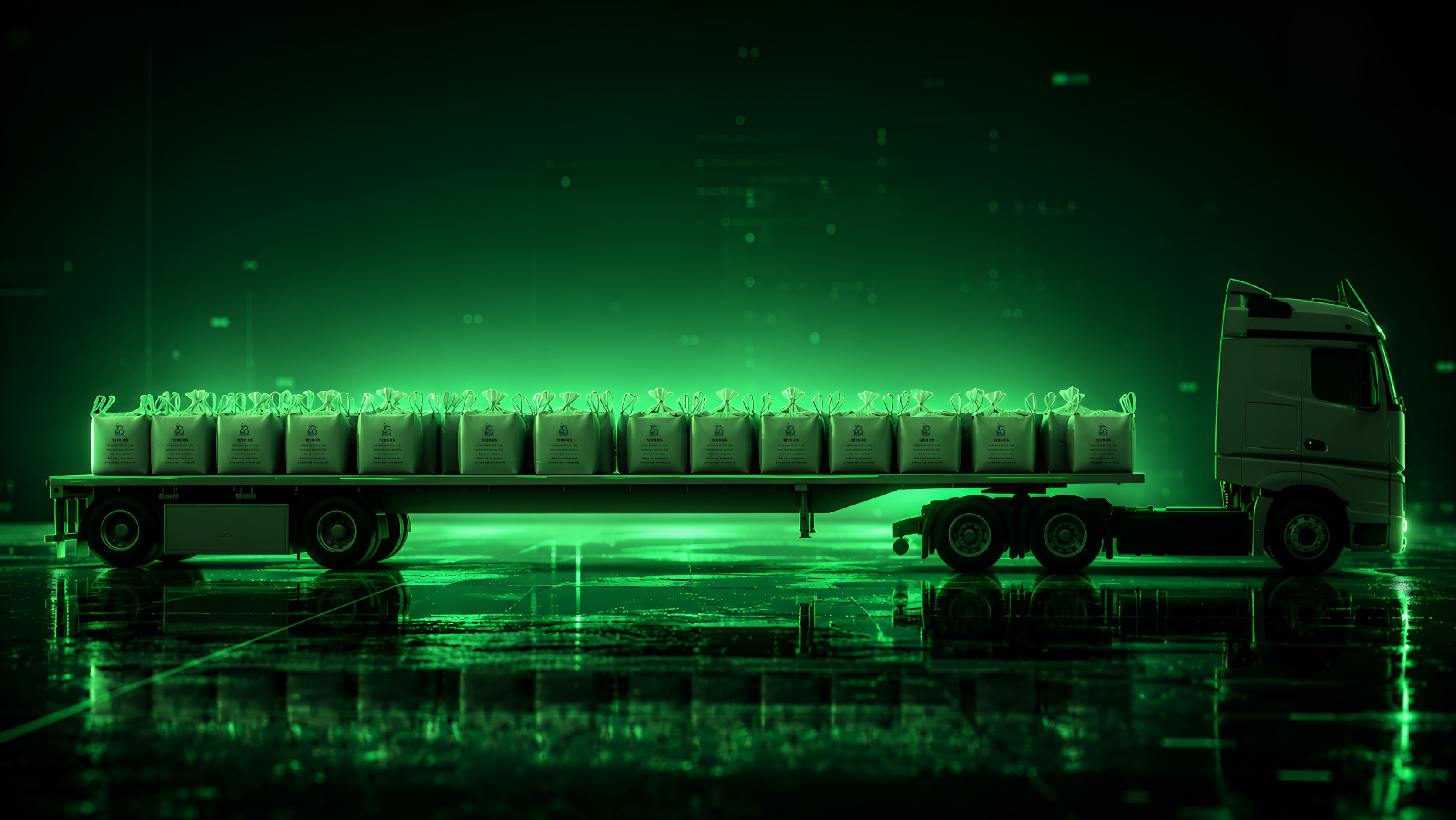 A flatbed truck loaded with bulk bags of aluminium sulfate, lit green