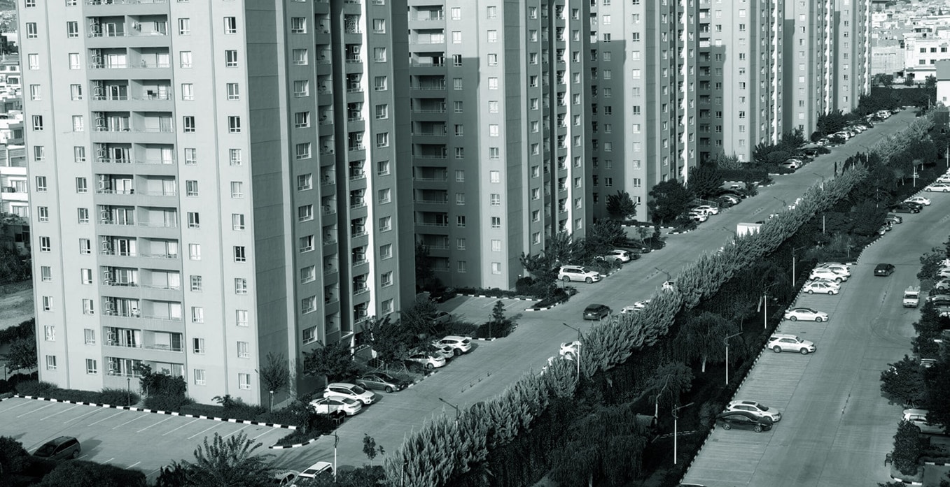 Doctor City: residential towers along a street