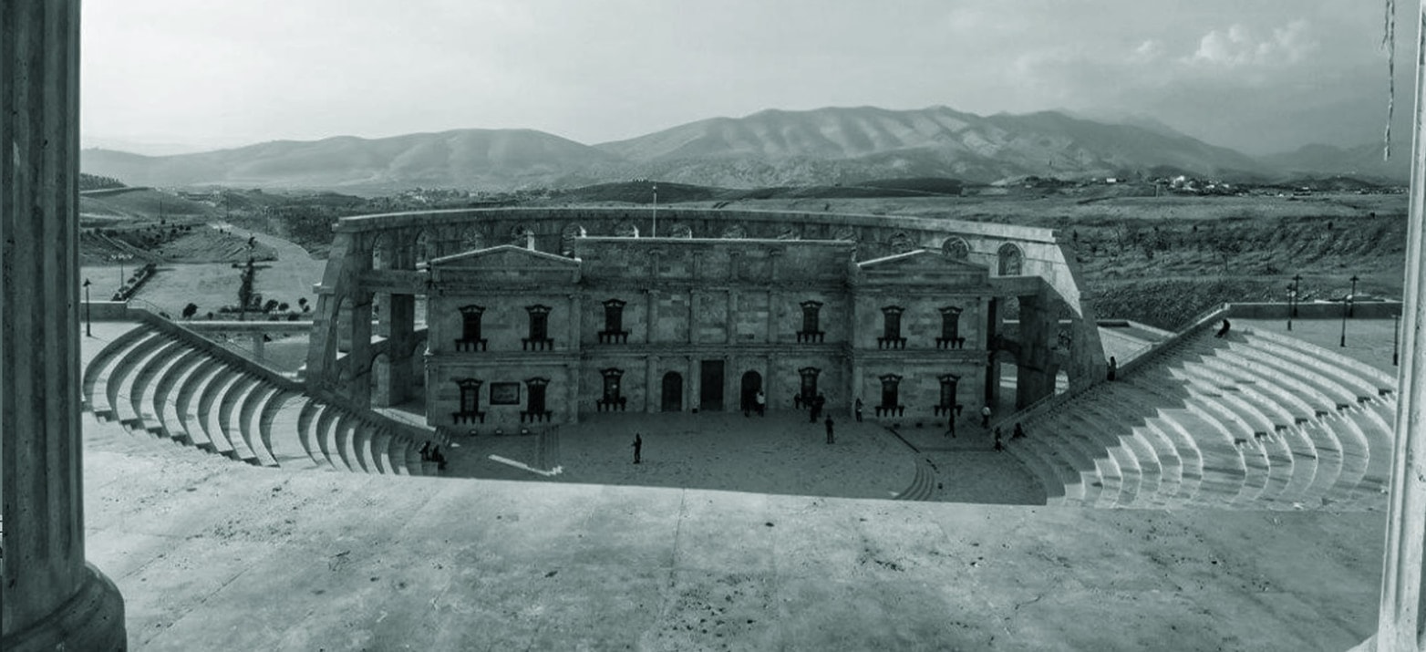 Hawari Shar Park: a stepped amphitheatre before a palace-like building