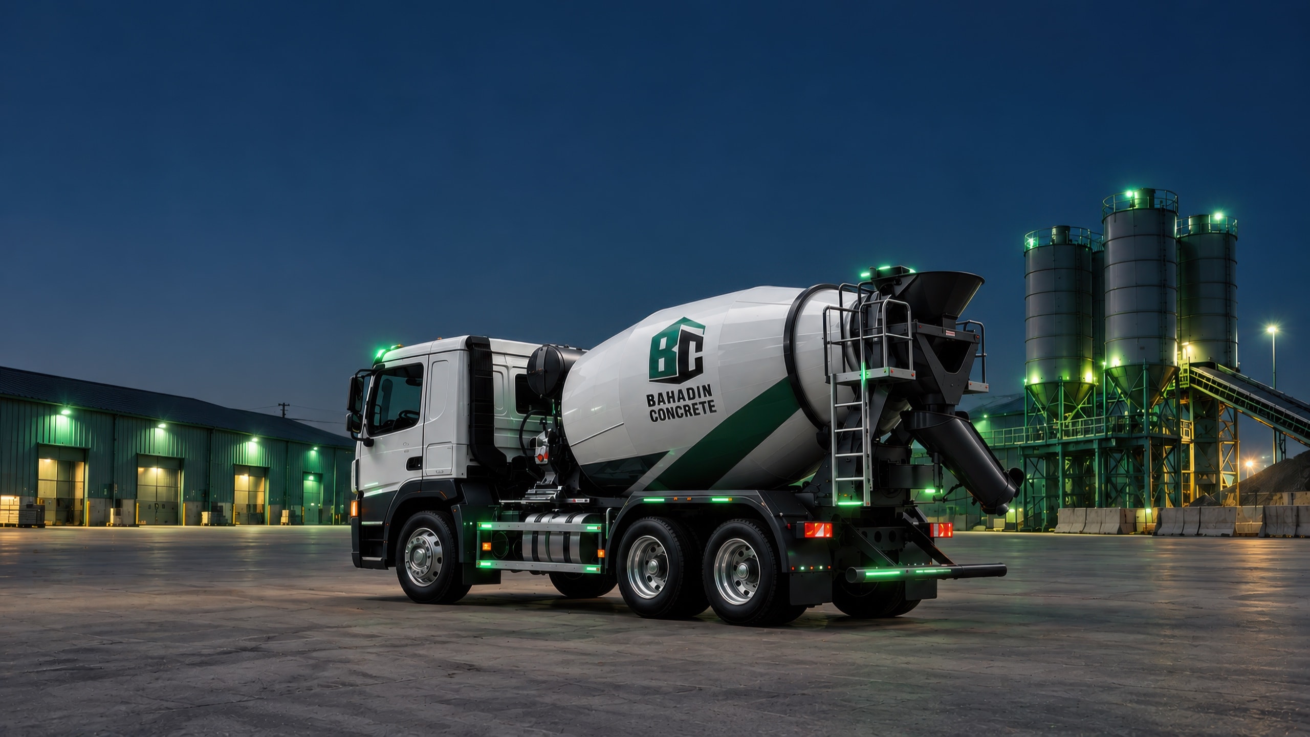 A Bahadin Concrete mixer truck at the batching plant at night